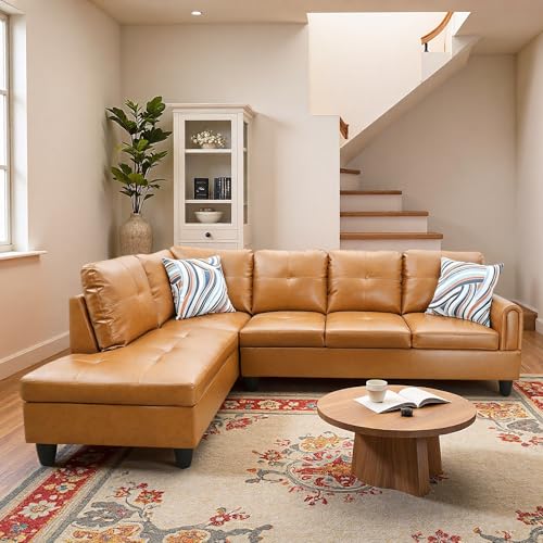 Image of L-Shaped Sectional Sofa, Modern 4-Seat Couch with Left Facing Chaise, Leather Sectional Couch for Living Room, Apartment, Office, Ginger