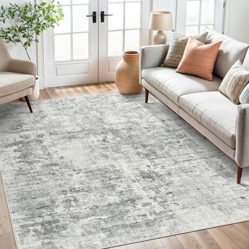 Soalmost Abstract Rug 5x7 Machine Washable Area Indoor Grey White