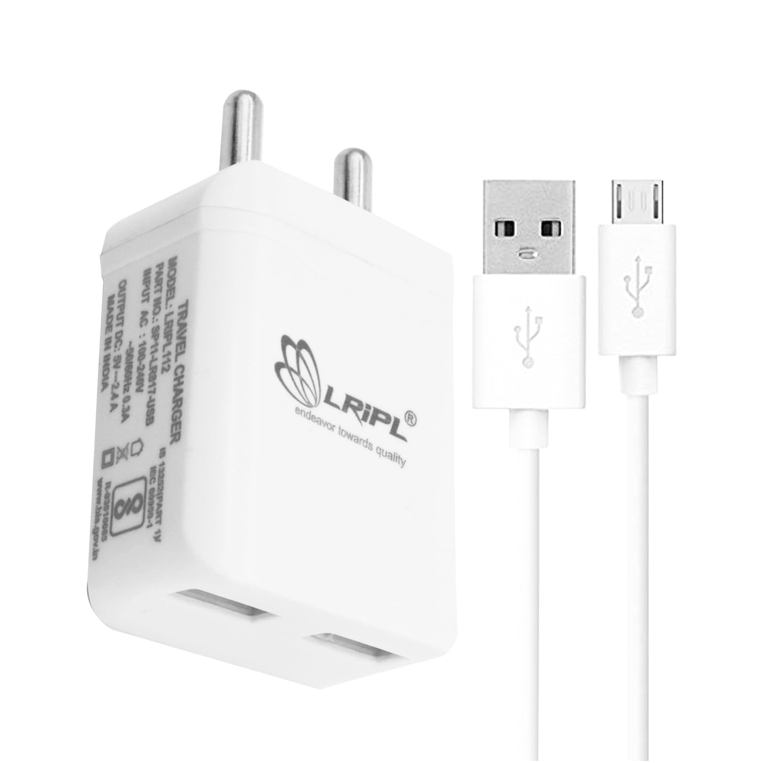 LRIPL 12W Fast Mobile Charger 5V/2.4A with 1 Meter Micro USB Cable – Dual USB Port Wall Adapter, Quick Charge USB 2.0 Power Plug for Android Smartphones & Tablets (White)