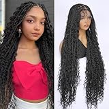 SUPERNOVA Knotless Boho Box Braided Wigs For Black Women 36inch Square Knotless Full Lace Box Braid Wig Goddess Braided Wig With Baby Hair Bohemian Curly Ends Synthetic Boho Braids Wig (36 Inch)