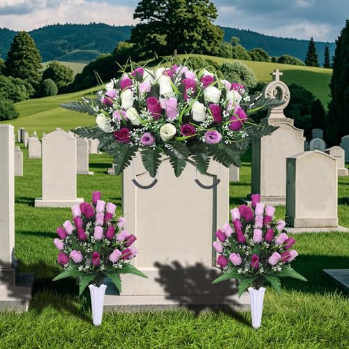 Lodou Artificial Cemetery Flower Saddles for Graves, Cemetery Memorial Flowers with Vase and 2 Memorial Bouquets for Grave Tombstone,Outdoor Grave Saddle Headstone Decorations (Pur image 8