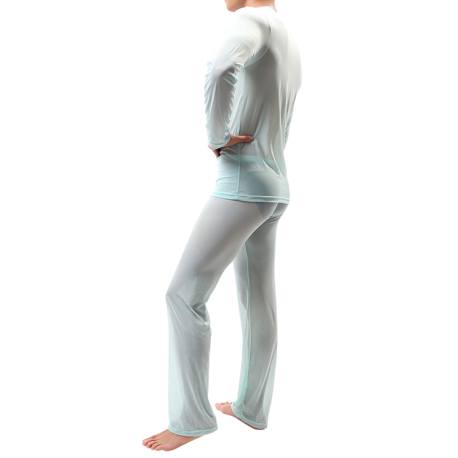 Ropa interior fina y transparente para hombre, pijama largo sin mangas de malla, cómodo de dos piezas, camisón transparente, top con boxer, ropa de dormir sexy