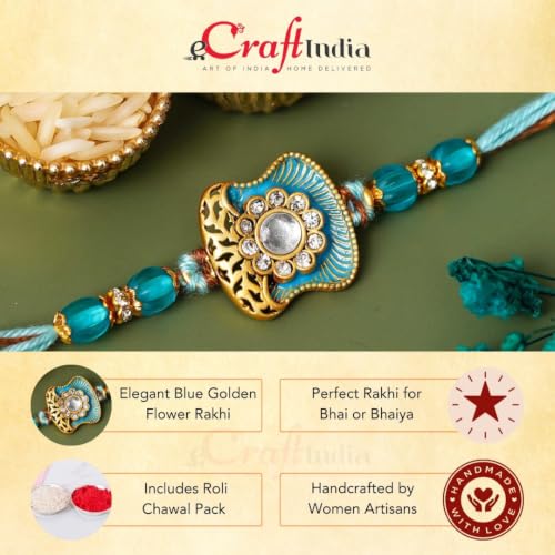Image of eCraftIndia Blue Golden Beautiful Flower Designer Rakhi for Brother | Raksha Bandhan Rakhi for Bhai Bhaiya