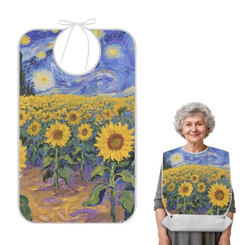 Yoogain Bavoir de protection lavable en machine avec récupérateur de miettes pour personnes âgées, femmes et hommes, ciel étoilé, tournesol, peinture à l'huile – vue 2
