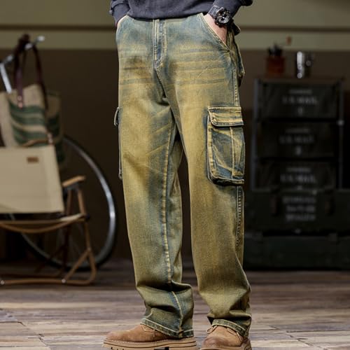 Straight Leg Stretch Cargo Denim Pants for Men Washed Relaxed Fit Jeans with Multi Pockets 28-444