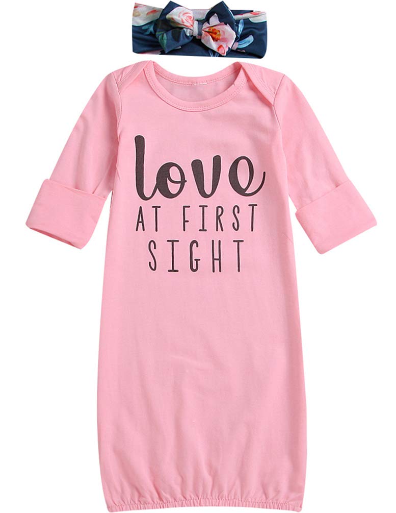 COLOOM Newborn Baby Girl Pink Gown Sleeping Bag Infant Baby Organic Letter Sleeper with Headband Set