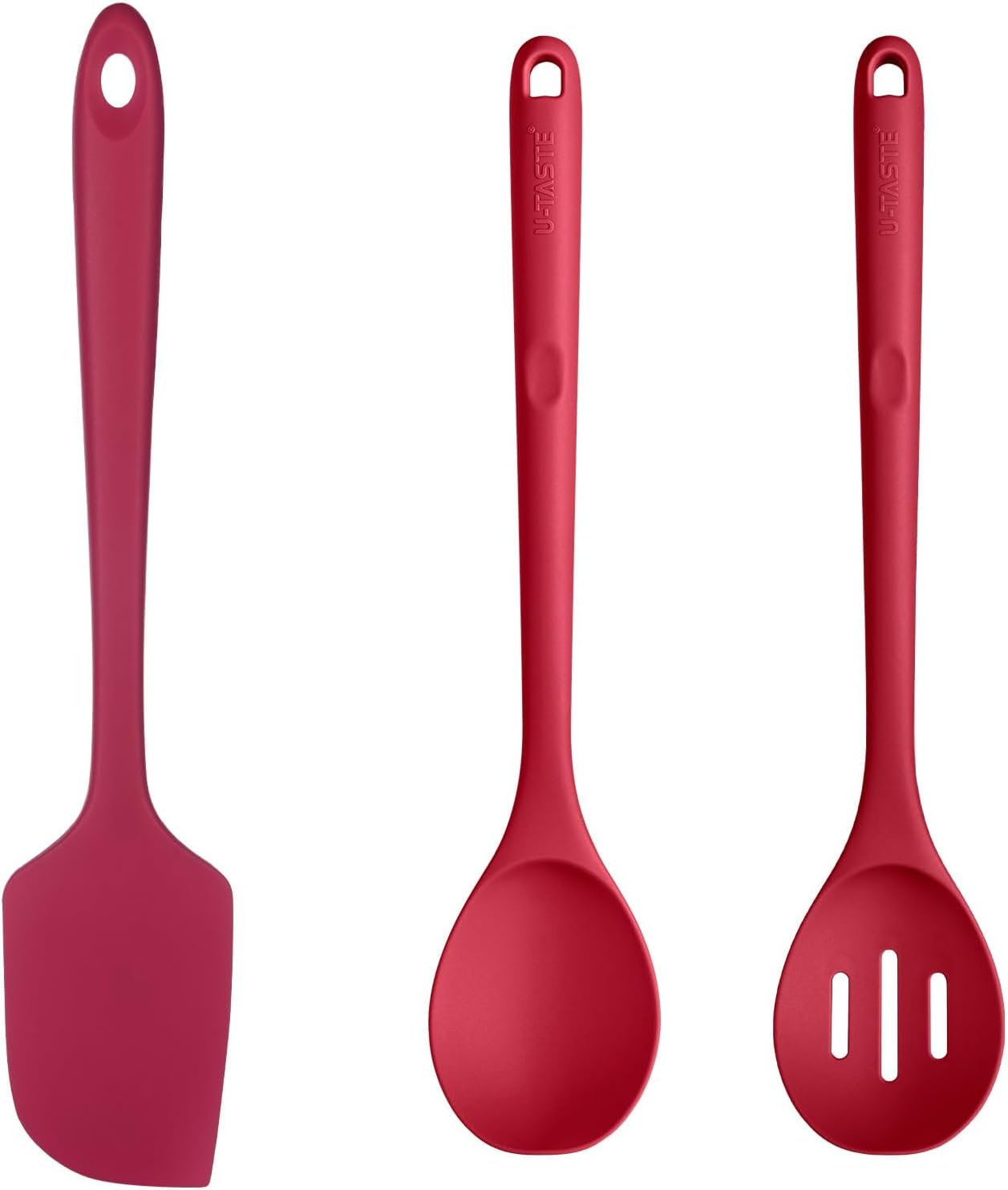 U-Taste 600ºF Heat Resistant BPA Free 14in Extra Long Silicone Spatula (Red), and 600℉ Heat Proof Long Non-Scratch Silicone Solid & Slotted Set of 2 Cooking Spoon for Mixing (Red)