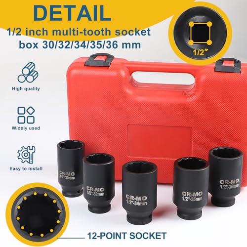 MIGUBIGU 8 Pieces 1/2'' Impact Socket Set, 30 32 34 35 36 mm, Metric Hex Sockets, 12 Point Polygonal Sockets - Image 4