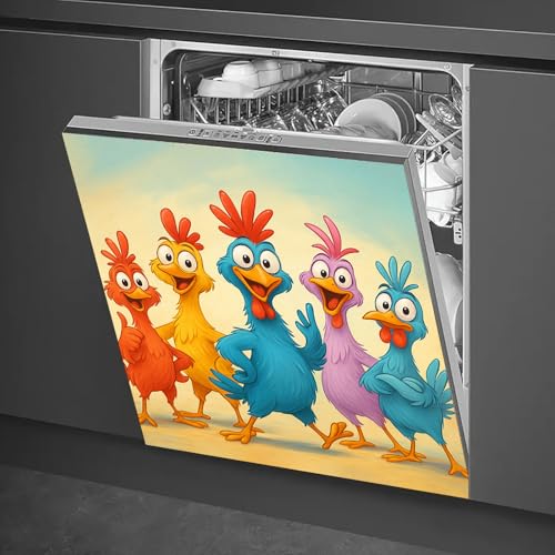 HOMETITUTE Dishwasher Magnet Cover 23x26 in Colorful Cartoon Roosters Group Dishwasher Magnet Cover for Kitchen Appliance Decoration Front Panel Sticker Home Decor