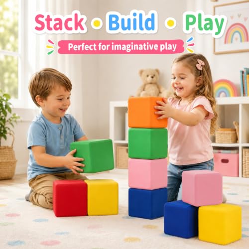 CALEPTONG 12 Pack Soft Foam Building Blocks for Toddlers – 14cm Large Colorful Cube Blocks with Washable Cover – Non-Toxic Stacking Blocks for Preschool Learning – 6 Bright Colors (2 of Each) - Image 5