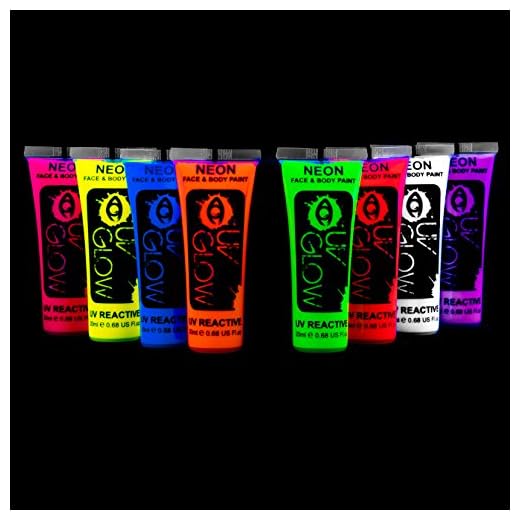 UV Glow Blacklight Face and Body Paint 0.68oz - Set of 8 Tubes - Neon Fluorescent