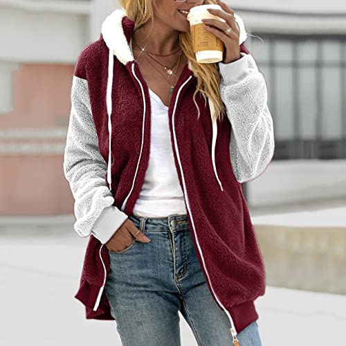 Fuzzy Fleece Jackets for Women Plus Size Hoodies Fall Winter Coats Color Block Patchwork Cardigan Coat with Pockets
