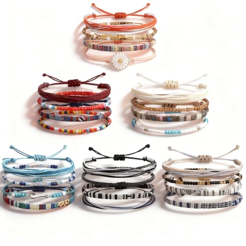 24 Pcs Multicolore Bracelets D'amitié bracelet tissu femme bracelets d' tressés pour Femme et Fille Bracelet de Plage Surfeur, Amitié, Tissu Cordon, Perles Boho - Bracelets de Cheville