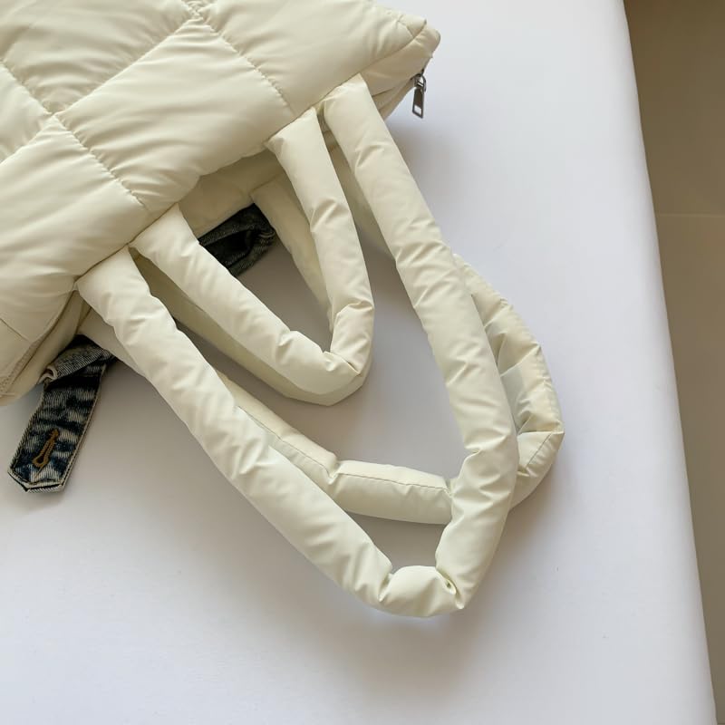 CRGANGZY Puffer-Einkaufstasche for Damen, schicke Hobo-Tasche, große Kapazität, weiche Wolken-Einkaufstasche, leicht, gepolsterte Schulterhandtasche, einfarbig, stilvolle Pendlertasche (weiß