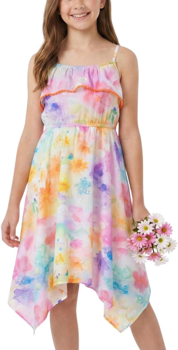 Girls Summer Floral Sundress – Sleeveless Dress with Ruffle Trim Neckline, Adjustable Straps and Handkerchief Hem