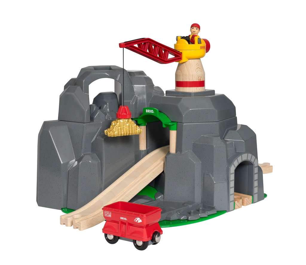 BRIO World 33889 Große Goldmine mit Sound-Tunnel – Zubehör Holzeisenbahn – Kleinkinderspielzeug empfohlen für Kinder ab 3 Jahren & Bahn 33896 - Goldwaggon mit Licht