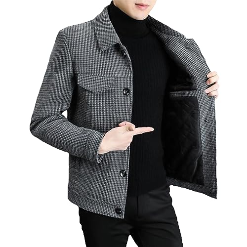 Wool Blend Trench Coat Woolen Coat Men Short Slim Plaid Jacket Men Tweed Coat