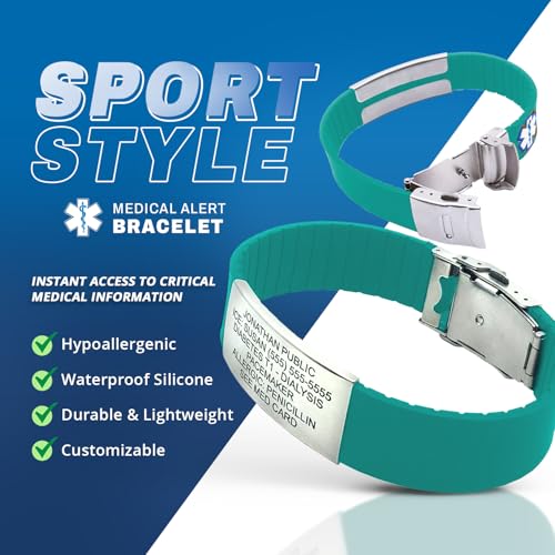 Sport Medical Alert Bracelet for Men & Women – Customizable, Personalized Engraving with Emergency Identification Card, Complimentary Access to PHR (Personal Health Record) – Teal - Thumbnail 2
