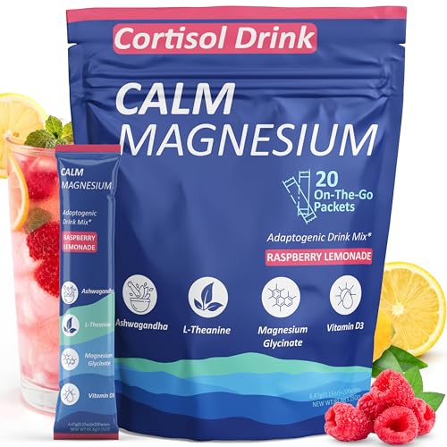 Calm Cortisol Drink Blend Packets, Calming Magnesium for Relaxation, Concentration and Sleep, Raspberry Lemonade, No Sugar, Non-GMO, Vegan (20 Servings)