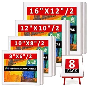Stretched Canvas, 6×8, 8×10, 10×12, 12×16, 8 Set Artist Canvase Frame Board Panels, 100% Cotton Blank Canvase Oil Acrylic Watercolor Pouring Paint, Acid-Free for Kids & Artists