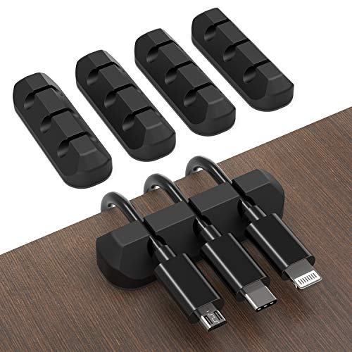 Jirvyuk - Juego de 4 clips de cable de silicona adhesivo para cables, organizador de gestión de cables para cables de alimentación, cables de carga en la oficina y el hogar