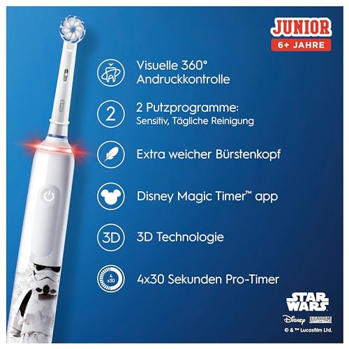 Oral-B Junior Star Wars Elektrische Zahnbürste/Electric Toothbrush für Kinder ab 6 Jahren, 2 Aufsteckbürsten, 360°-Andruckkontrolle, 2 Putzmodi inkl. Sensitiv Zahnpflege, weiche Borsten, Timer, weiß – Bild 7