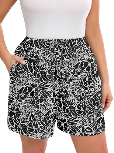 AusLook Plus Size Women's Casual Wide Leg Shorts 1X White Flower Black Lightweight High Waisted Adjustable Tie Knot Loose Summer Baggy Short Pants with Pockets