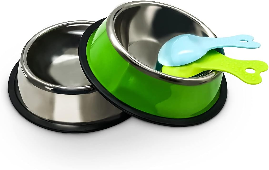 2 pcs Puppy Food bowls, Small Dog Bowl set, Stainless Steel Feeding Bowl with 2 Spoon, Non-slip Rubber Bases Food Bowl Water Bowl