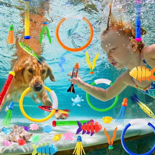 YUJUN 35PCS Pool Diving Swimming Toys, Summer Underwater Game Toys with Pool Fishes Dive Sticks Rings Gems Storage Bag for Kids Swim Birthday Party Favors
