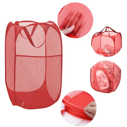 Image of Larpur Popup Mesh Laundry Basket, Collapsible and Portable Clothes Washing Laundry Hamper with Reinforced Carry Handle (Red)