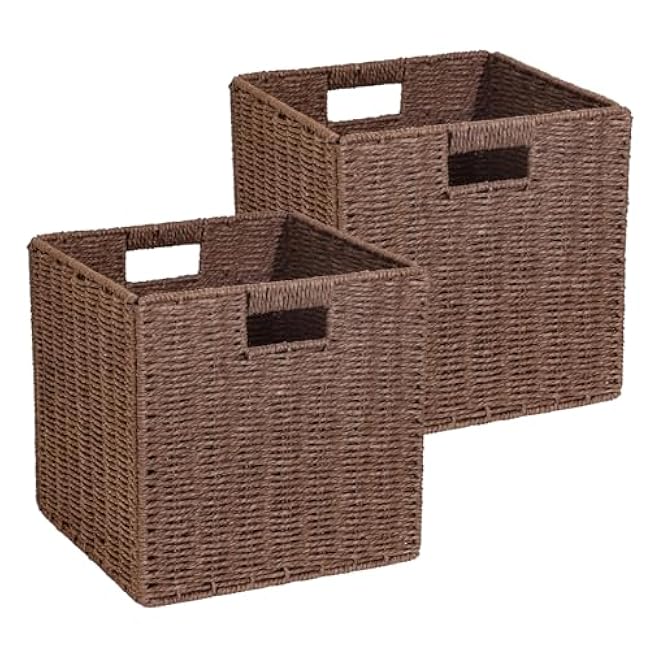 2 Pack 12 inch Wicker Storage Baskets for Shelves, Paper Rope Storage Basket, Foldable Wicker Baskets, Handwoven Square Basket with Built-in Handles for Organizing Shelves (Dark Brown)