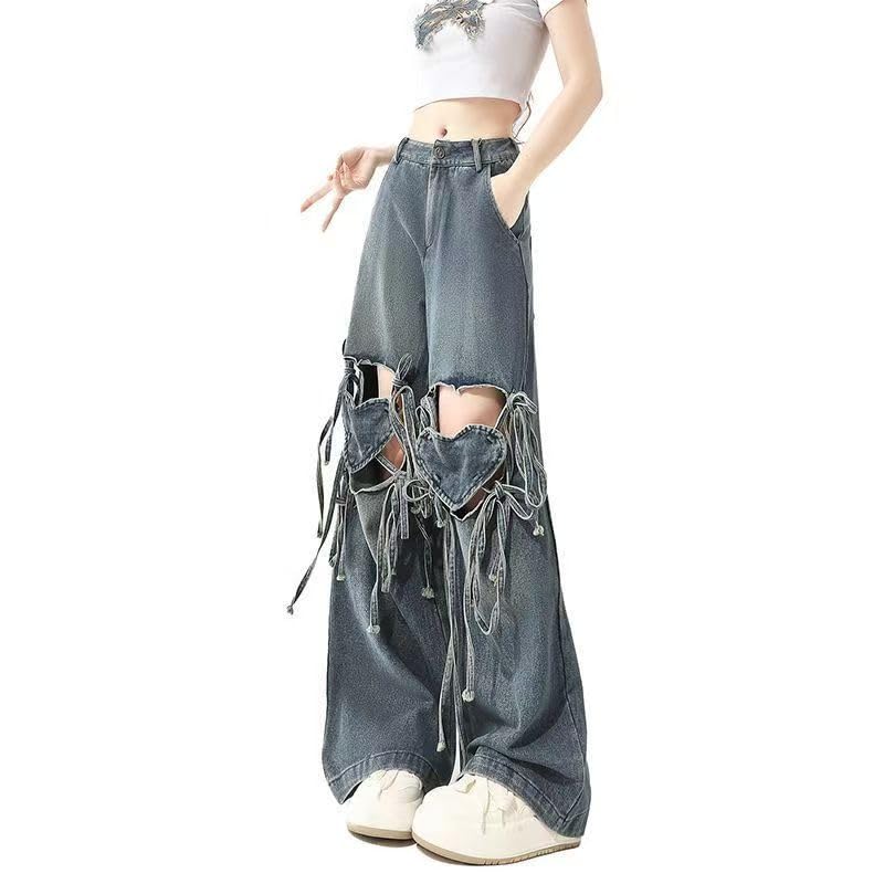 Y2k Heart Hollow Out Design Bowknot Strap Jeans Kawaii Preppy Loose Fit Denim Pants Grunge Hiphop Streetwear3