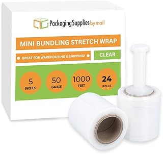 PSBM Mini Stretch Wrap with Plastic Handle, 24 Pack, 5 Inch x 1000 Feet, 50 Gauge, Clear Plastic Cling, Hand Shrink Film for Pallet Moving Packing