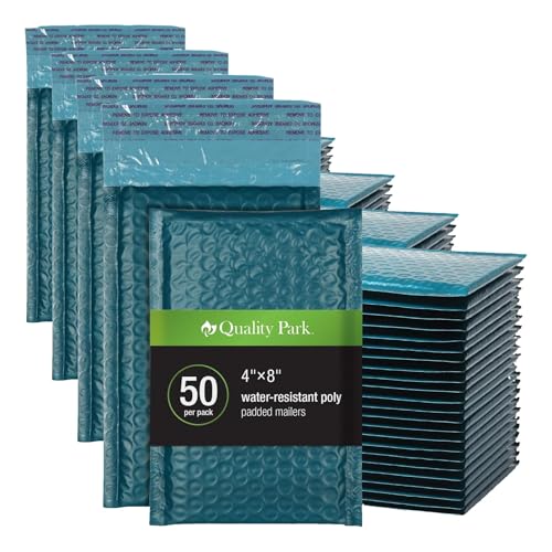 Image of Quality Park Bubble Mailers, 4 x 8 Shipping Envelopes, Self-Seal, Small Blue Padded Envelopes, Redi-Strip Peel Off Closure, 50 Per Box (QUA85909) (Pack of 4)