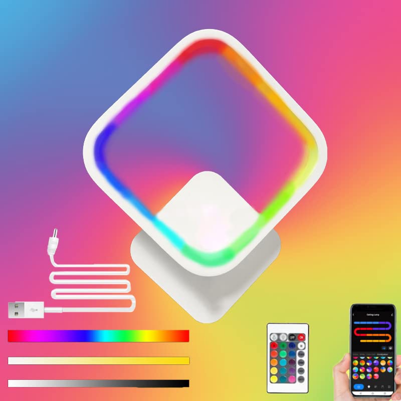 RGB Farbwechsel LED 15W Wandleuchte Moderne Dimmbar Wandlampe mit Fernbedienung und App Wandbeleuchtung mit USB Kabel 1.5 m für Wohnzimmer Schalfzimmer Kinderzimmer Flur Treppen Stimmungs Beleuchtung