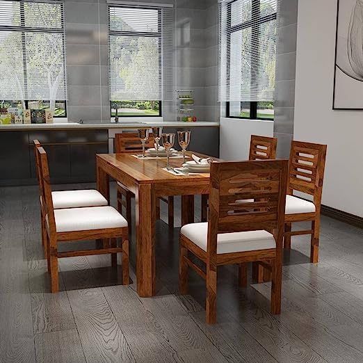 MoonWooden Sheesham Wood 6 Seater Dining Table with Cushion Chairs Wooden Dining Room Set Six Seater Dinner Table Furniture for Living Room Home and Restaurant (Honey Finish)-image-18