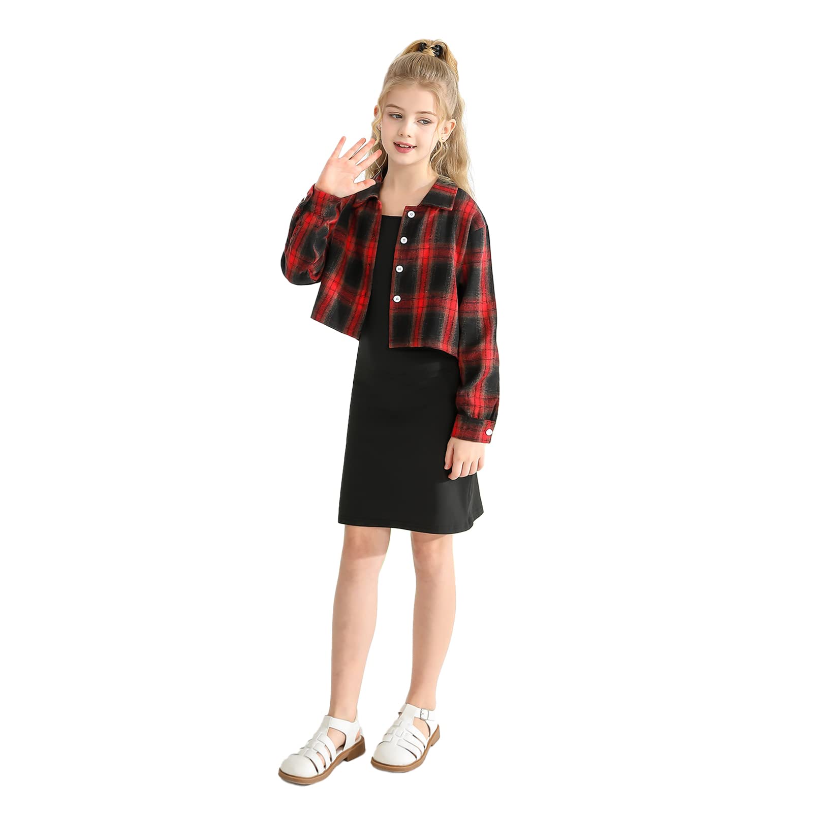 OfanyiaKids Girl 2 Piece Outfits Girls Sleeveless Bodycon Dress with Crop Jacket Costumes Children Plaid Long Sleeve Tops + Cami Dress Set Clothes