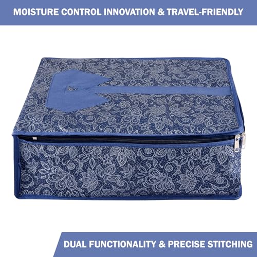 Image of Kuber Industries Pack of 3 Shirt Storage Bag | Shirt Organizer for Closet | Visible Window Shirt Bag | Wardrobe Storage Bag | Clothes Storage Bag | Flower Printed Shirt Cover | Navy Blue