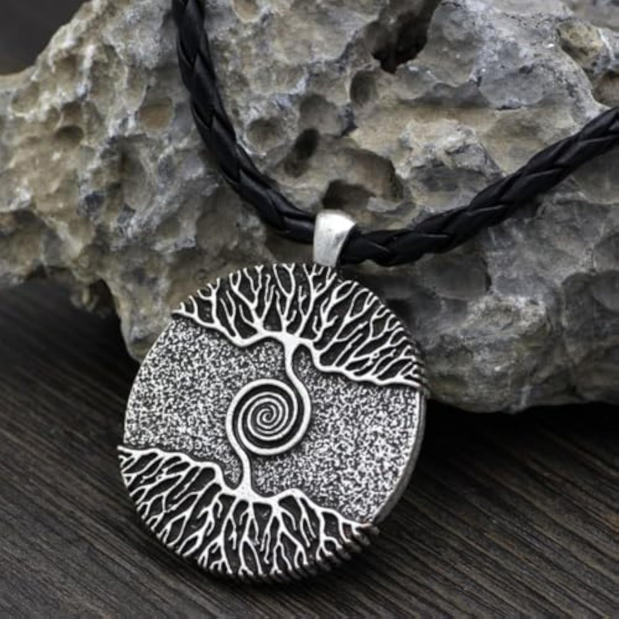 TREE GREY RUSTIC Alloy Pendant with Leather Cord Chain