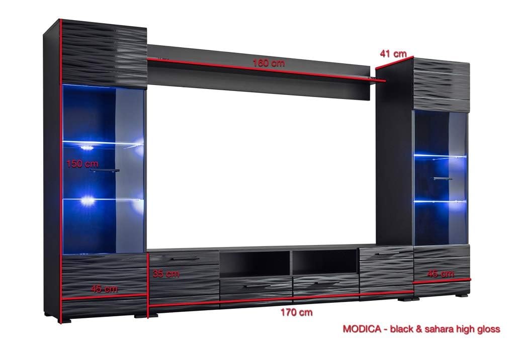 BIM Furniture Parete attrezzata MODIC 260 cm per soggiorno - Set con vetrina e piano basso - Colore: nero lucido - LED
