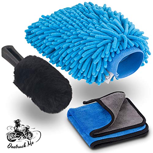 Onetrack Me Motorcycle Detailing Brush Kit – 3 Piece Pack with Wool Wash Brush, Chenille Wash Mitt, & Microfiber Wash Cloth – Perfect Car, Boat, Truck & Motorcycle Detailing Kit
