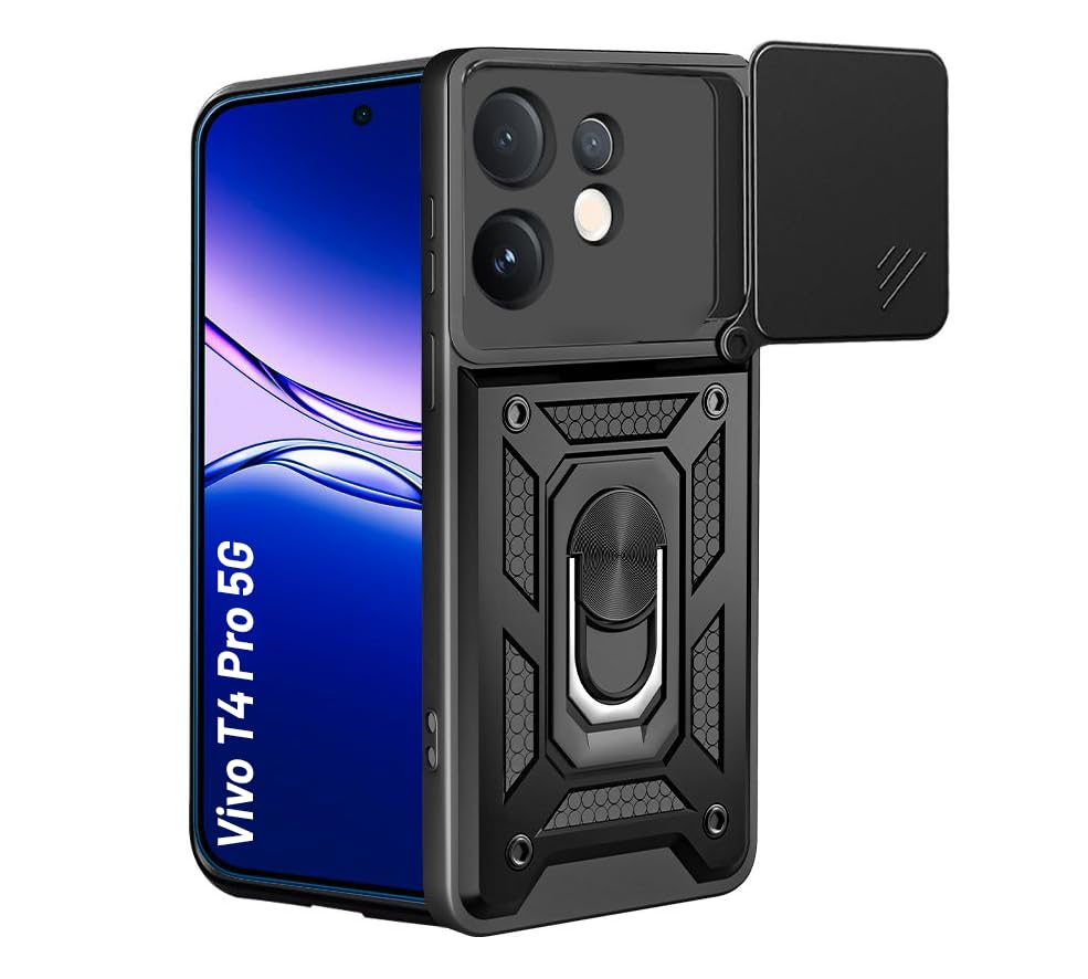 Image of Tough Armor Bumper Back Cover Case for Vivo T4 Pro 5G | Sliding Camera Cover, Kickstand & Ring Holder 360 Degree Protection Back Cover Case for Vivo T4 Pro 5G - Black