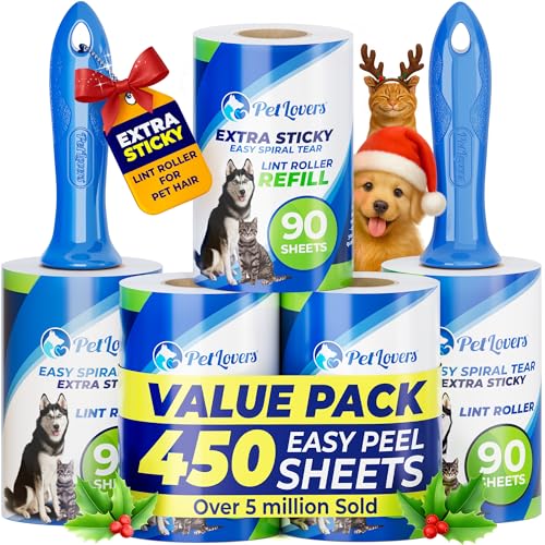 PetLovers Extra Sticky Lint Roller Mega Value Set 450 Sheets for Pet Hair Removal and Clothes, Dog and Cat Lint Remover 5 Pack