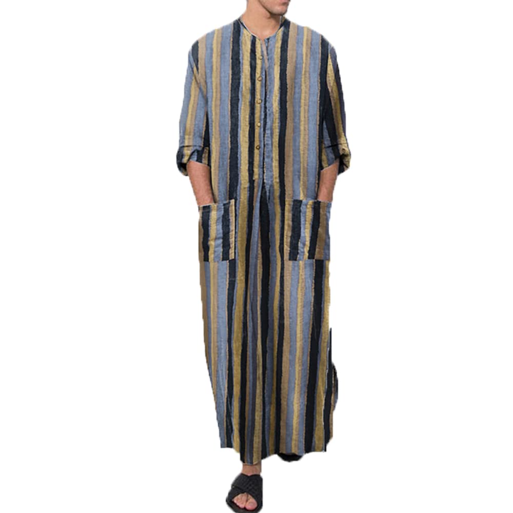 Dotbuy-Shop Men's Blue Muslim Robe Islamic Thobe Long Sleeve Kaftan Abaya Middle East Dubai Loose Casual Ethnic Clothing Jalabiya Gown Shirt For