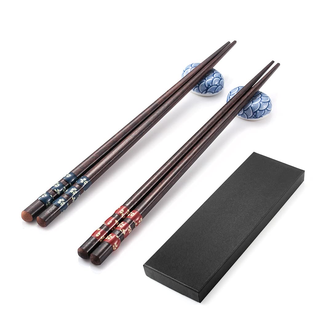 Essstäbchen Set Mit Ablagen - 2 Paar Blau/rot In Holz, Geschenkbox, 22,5 Cm