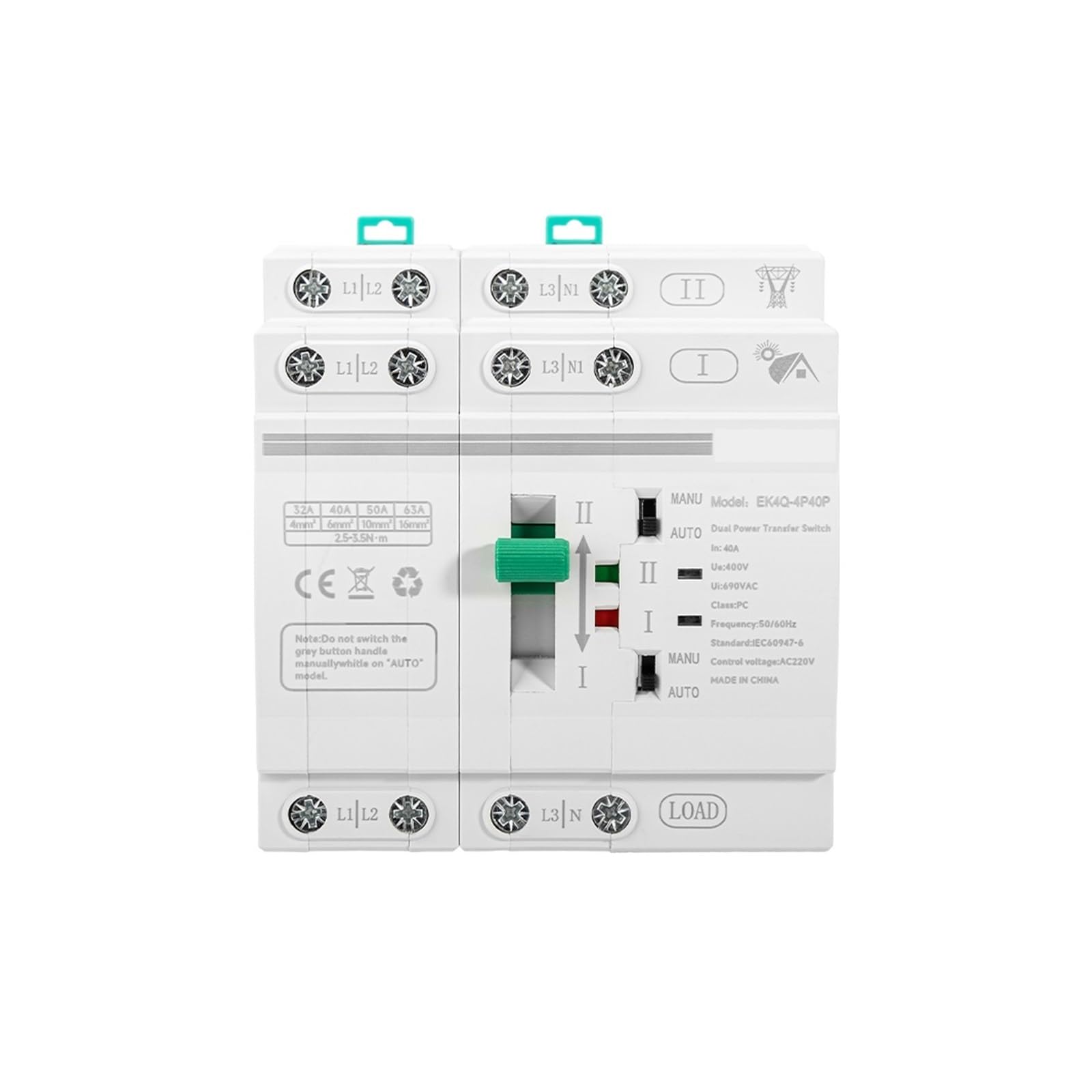 Interruttore solare fotovoltaico Interruttore di trasferimento automatico a doppia alimentazione su guida Din 2P 4P 63A 40A AC 220V Selettore elettrico Alimentazione ininterrotta ATS EK4Q Interruttore