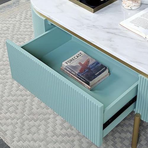 Image of WOODEN SPACE Premium Marble-Top Center Table with Iron Legs | PVD Coated Modern Coffee Table for Living Room & Entryway | 42x24x18 Inches (Sky Blue)