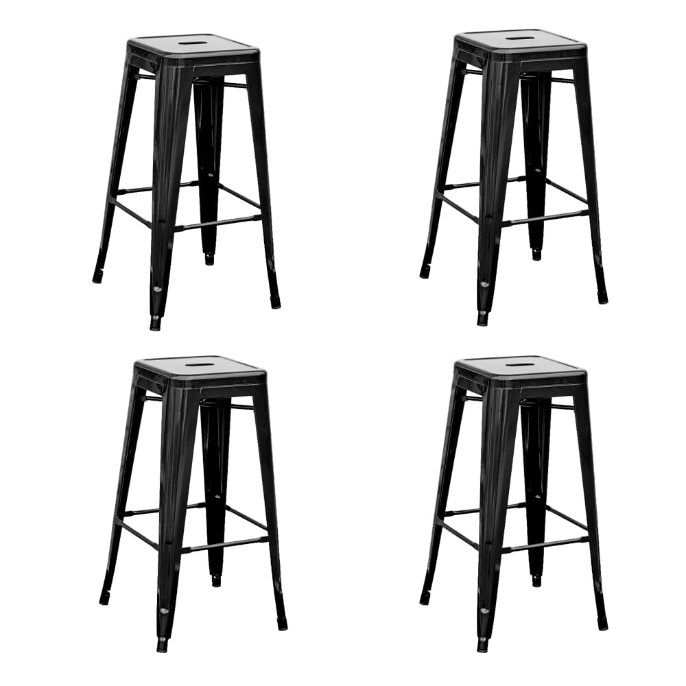 EME Pack 4 Taburetes Alto Metálico de Acero Galvanizado. Taburete Metálico Apilable de 76x43x43cm Ideal para Usar en Interior y Exterior. Incluye 4 Unidades. (Negro)