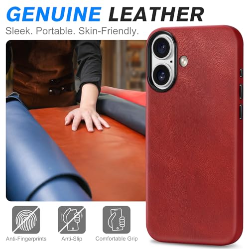 Image of SHIELDON Genuine Leather Case for iPhone 17 6.3 inch 2025, Retro Red | Compatible with MagSafe, Magnetic Wireless Charging, Camera Button, Metal Buttons, Camera Bezel, Slim, Shockproof, Women Men