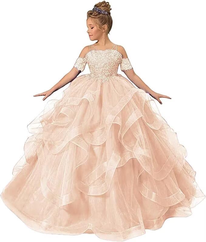 Tulle Flower Girl Dresses for Wedding Lace Applique Princess Ruffles Pageant Dress Long Party Ball Gown